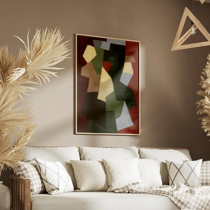 affiche abstraite avec des formes geometriques beige vert marron et gris sur un salon.webp