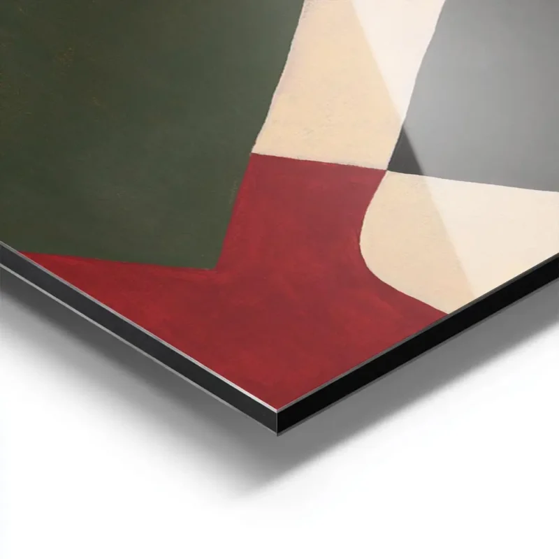 affiche abstraite avec des formes geometriques rouges vertes noires beiges et ja aluminium.webp