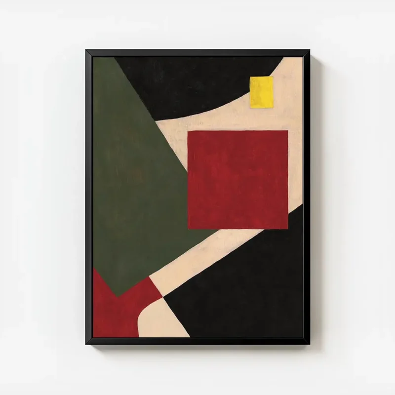 affiche abstraite avec des formes geometriques rouges vertes noires beiges et ja avec cadre.webp