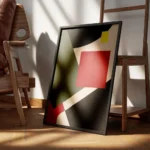 affiche abstraite avec des formes geometriques rouges vertes noires beiges et ja encadre.webp