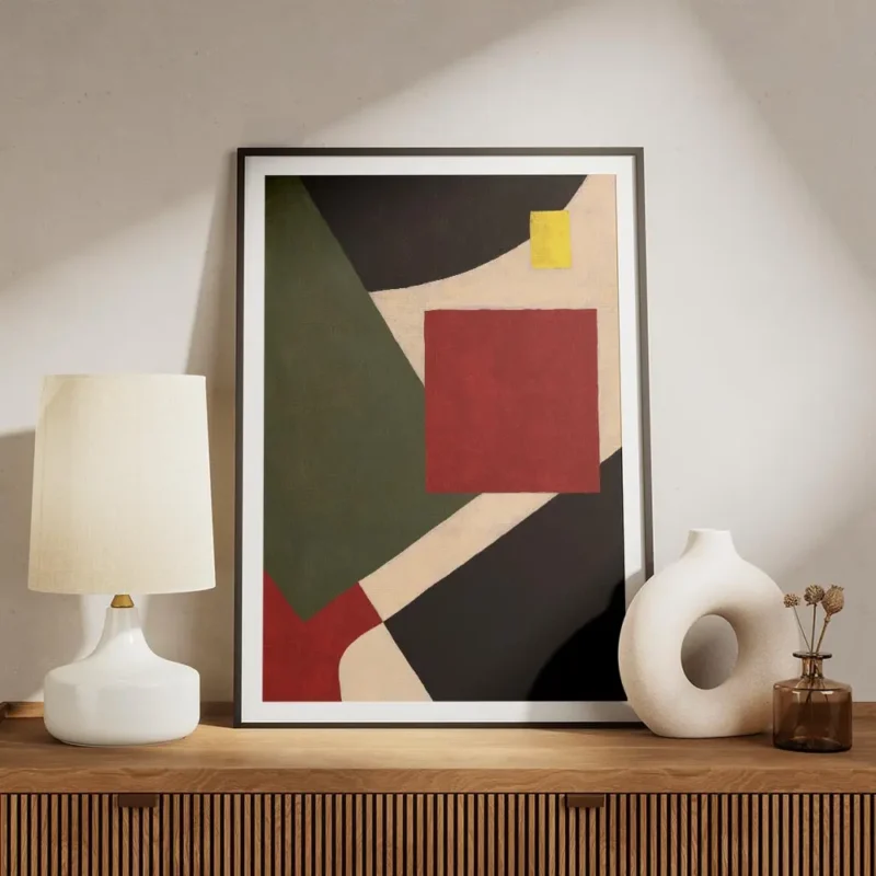 affiche abstraite avec des formes geometriques rouges vertes noires beiges et ja meuble.webp