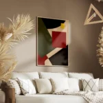 affiche abstraite avec des formes geometriques rouges vertes noires beiges et ja salon.webp