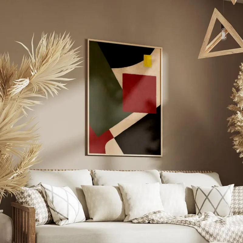 affiche abstraite avec des formes geometriques rouges vertes noires beiges et ja salon.webp