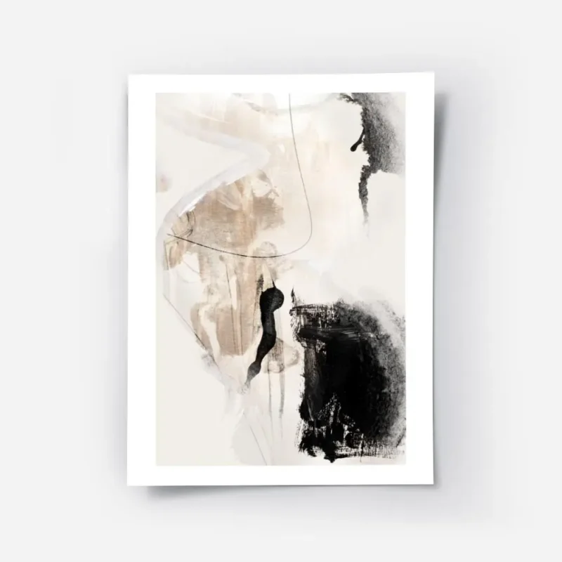 affiche abstraite avec des formes noires et beiges sur fond clair avec des trait.webp