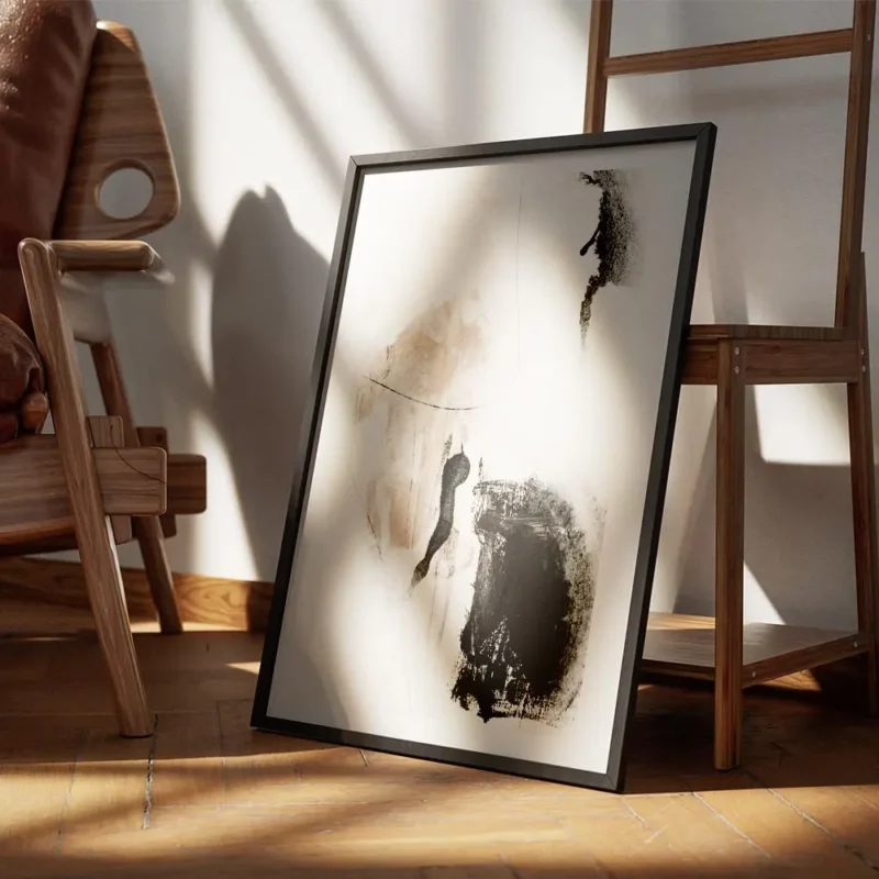 affiche abstraite avec des formes noires et beiges sur fond clair avec des trait encadre.webp