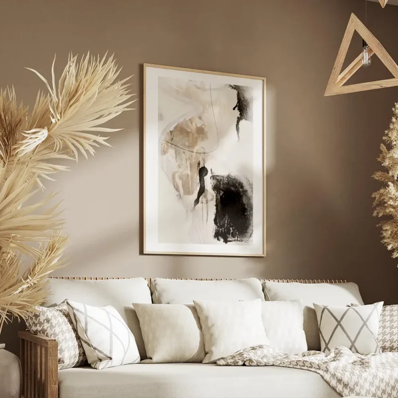 affiche abstraite avec des formes noires et beiges sur fond clair avec des trait salon.webp