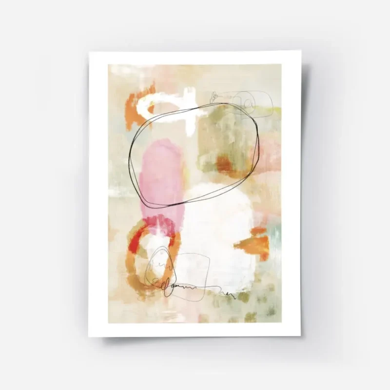 affiche abstraite avec des formes orange rose noir blanc sur fond beige et vert .webp