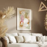 affiche abstraite avec des formes orange rose noir blanc sur fond beige et vert salon.webp