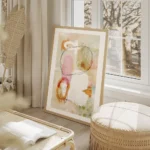 affiche abstraite avec des formes orange rose noir blanc sur fond beige et vert salon beige.webp
