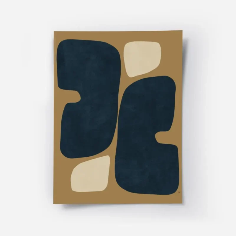 affiche abstraite avec des formes organiques arrondies bleu fonce et beige sur u.webp