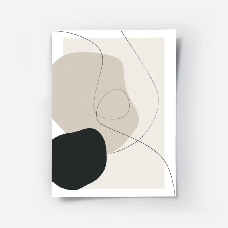 affiche abstraite avec des formes organiques beiges et noires et des lignes fine.webp