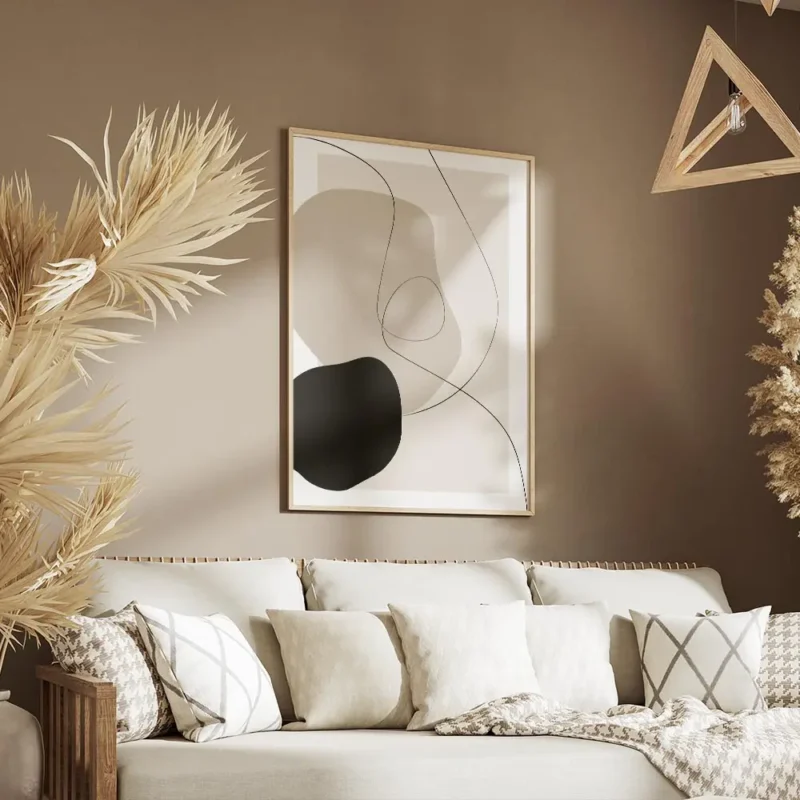 affiche abstraite avec des formes organiques beiges et noires et des lignes fine salon.webp