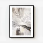 affiche abstraite avec des formes organiques en gris marron et beige creant un m avec cadre.webp