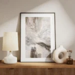 affiche abstraite avec des formes organiques en gris marron et beige creant un m meuble.webp