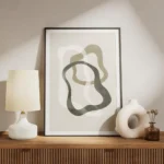 affiche abstraite avec des formes organiques irregulieres en vert beige et blanc meuble.webp