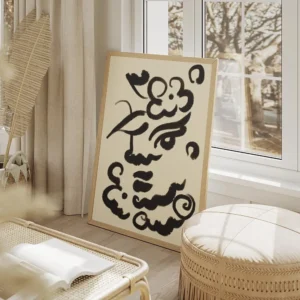 affiche abstraite avec des formes organiques noires et des lignes courbes stylis salon beige.webp