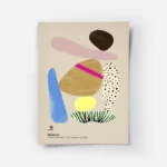 affiche abstraite avec des formes organiques roses bleues marron jaunes et des m.webp