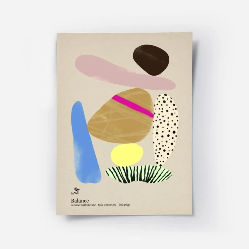 affiche abstraite avec des formes organiques roses bleues marron jaunes et des m.webp