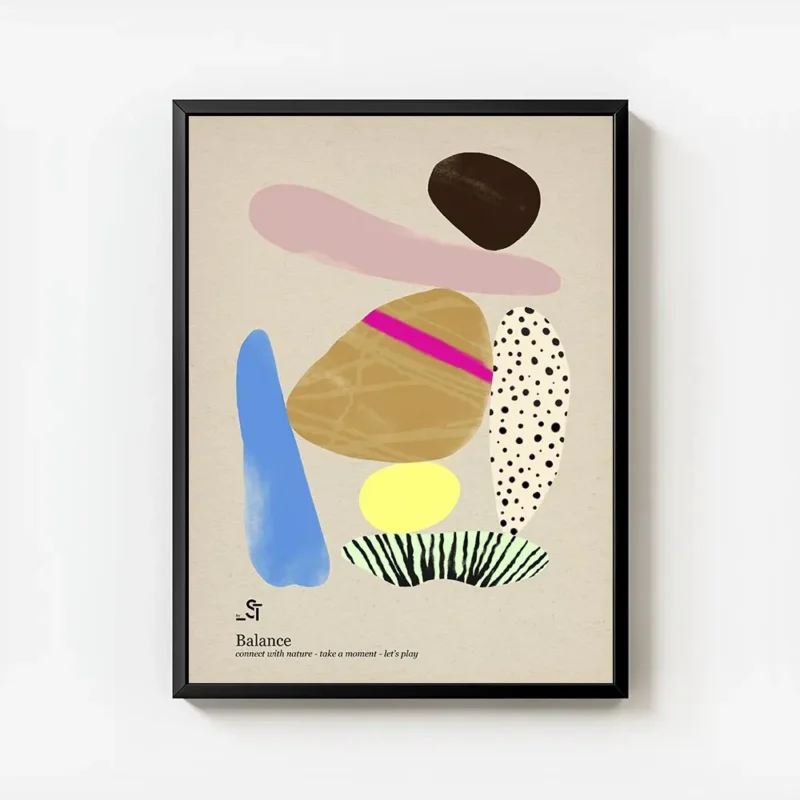 affiche abstraite avec des formes organiques roses bleues marron jaunes et des m avec cadre.webp