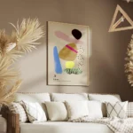 affiche abstraite avec des formes organiques roses bleues marron jaunes et des m salon.webp