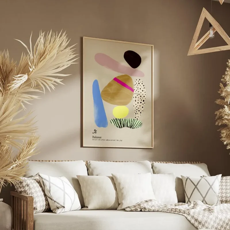 affiche abstraite avec des formes organiques roses bleues marron jaunes et des m salon.webp