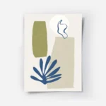 affiche abstraite avec des formes organiques vertes beiges et bleues et des lign.webp