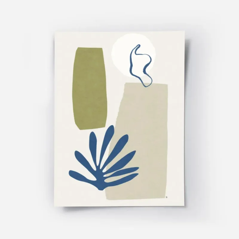 affiche abstraite avec des formes organiques vertes beiges et bleues et des lign.webp
