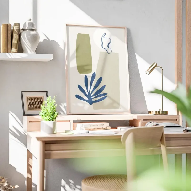 affiche abstraite avec des formes organiques vertes beiges et bleues et des lign bureau.webp