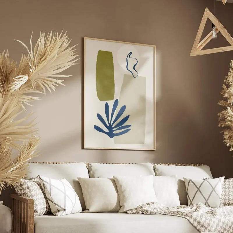 affiche abstraite avec des formes organiques vertes beiges et bleues et des lign salon.webp