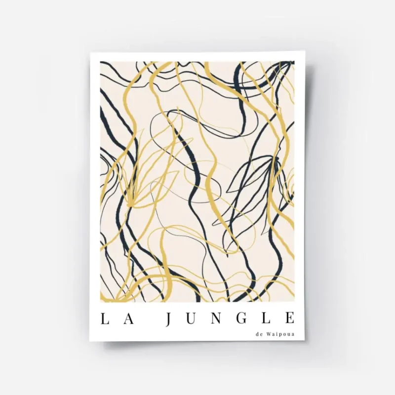 affiche abstraite avec des lignes courbes et des formes de feuilles en noir et j.webp