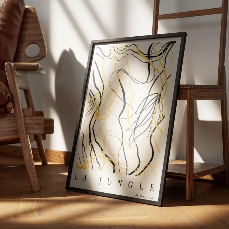 affiche abstraite avec des lignes courbes et des formes de feuilles en noir et j encadre.webp