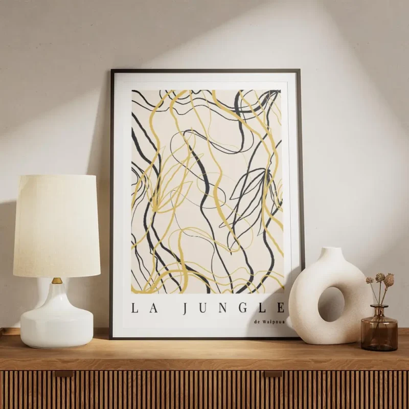affiche abstraite avec des lignes courbes et des formes de feuilles en noir et j meuble.webp