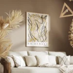 affiche abstraite avec des lignes courbes et des formes de feuilles en noir et j salon.webp