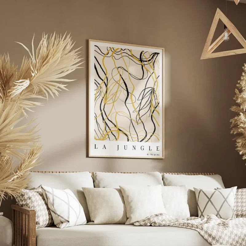 affiche abstraite avec des lignes courbes et des formes de feuilles en noir et j salon.webp