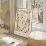 affiche abstraite avec des lignes courbes et des formes de feuilles en noir et j salon beige.webp