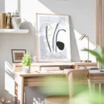 affiche abstraite avec des rayures bleues des formes blanches et noires et des l bureau.webp