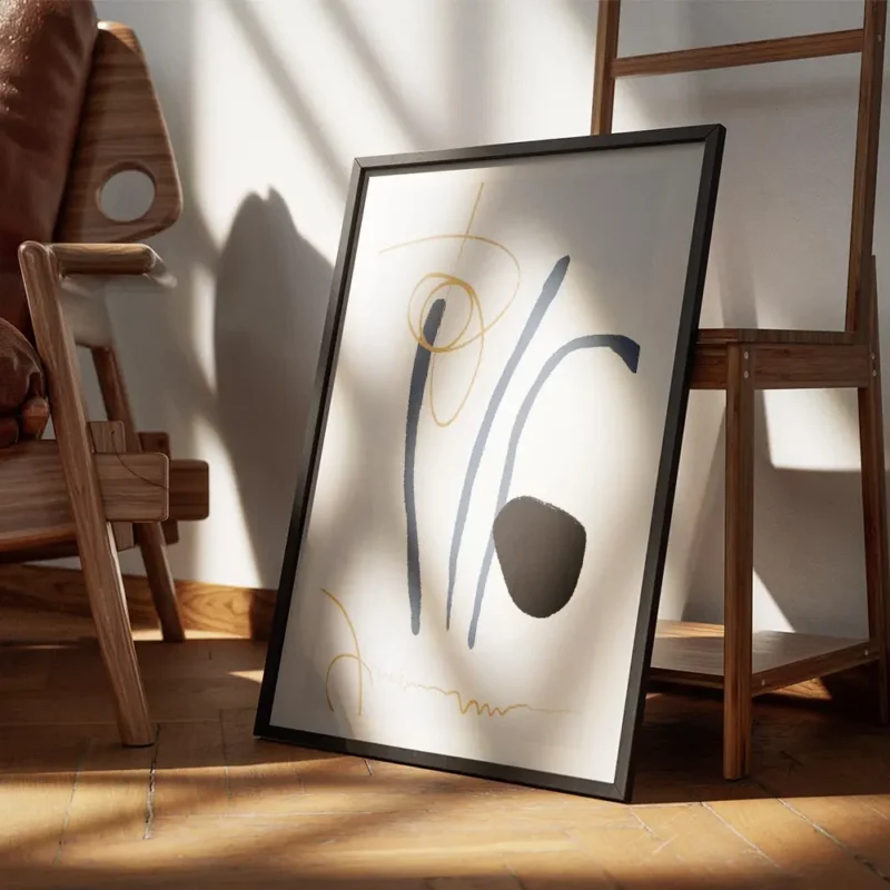affiche abstraite avec des rayures bleues des formes blanches et noires et des l encadre.webp