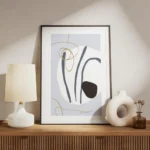 affiche abstraite avec des rayures bleues des formes blanches et noires et des l meuble.webp