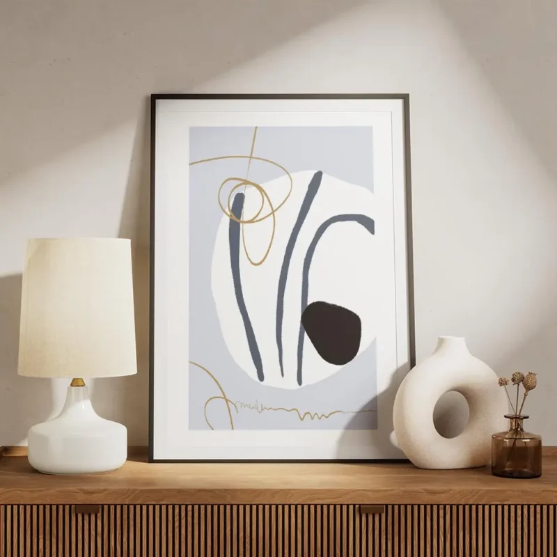 affiche abstraite avec des rayures bleues des formes blanches et noires et des l meuble.webp