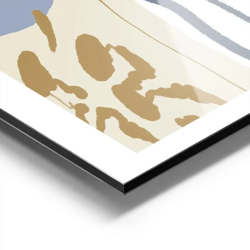 affiche abstraite avec des rayures bleues formes et lignes en marron blanc noir aluminium.webp