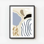 affiche abstraite avec des rayures bleues formes et lignes en marron blanc noir avec cadre.webp