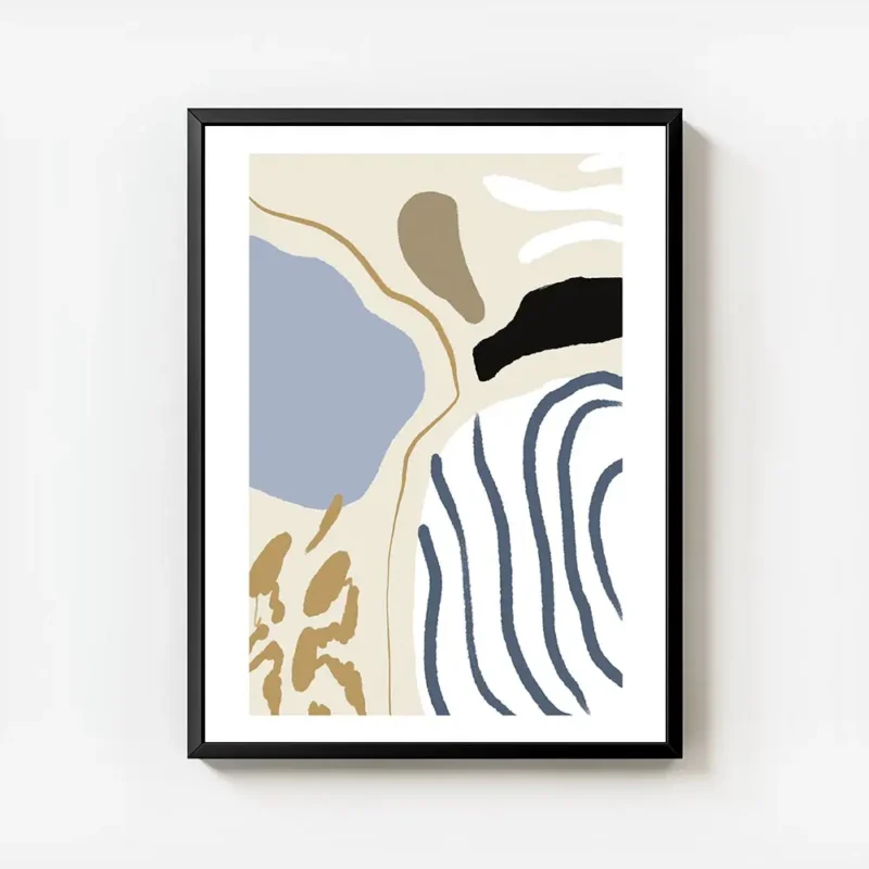 affiche abstraite avec des rayures bleues formes et lignes en marron blanc noir avec cadre.webp