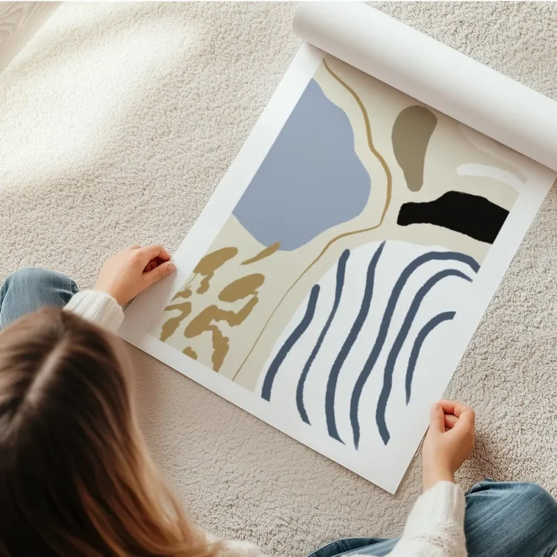 affiche abstraite avec des rayures bleues formes et lignes en marron blanc noir en rouleau.webp