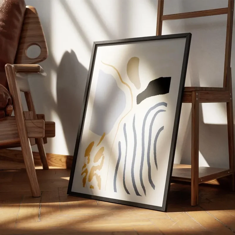 affiche abstraite avec des rayures bleues formes et lignes en marron blanc noir encadre.webp