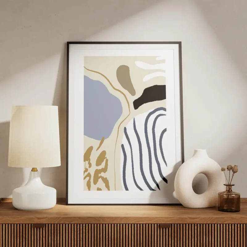 affiche abstraite avec des rayures bleues formes et lignes en marron blanc noir meuble.webp