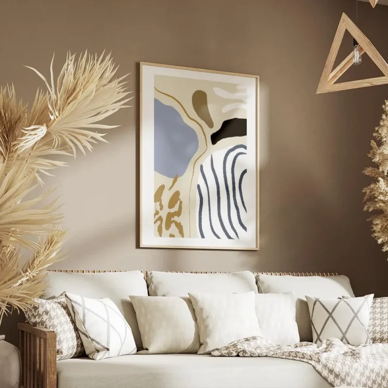 affiche abstraite avec des rayures bleues formes et lignes en marron blanc noir salon.webp