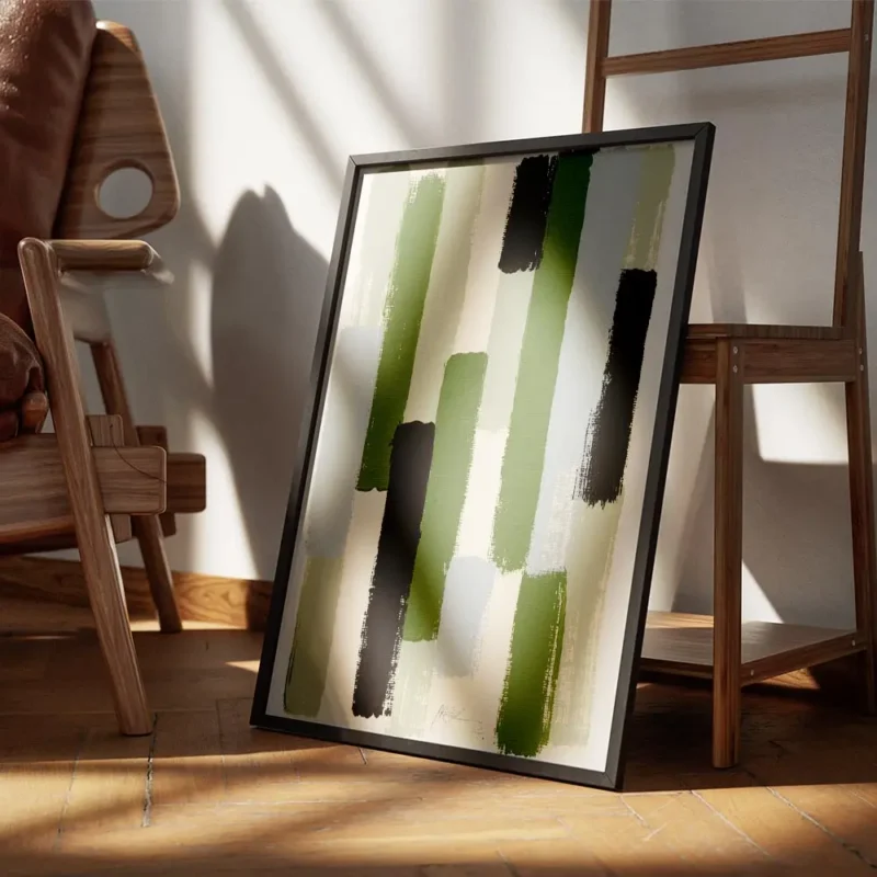 affiche abstraite avec des taches de peinture verticales de differentes couleurs encadre.webp