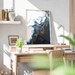 affiche abstraite avec des tourbillons bleus blancs et dores creant une impressi bureau.webp