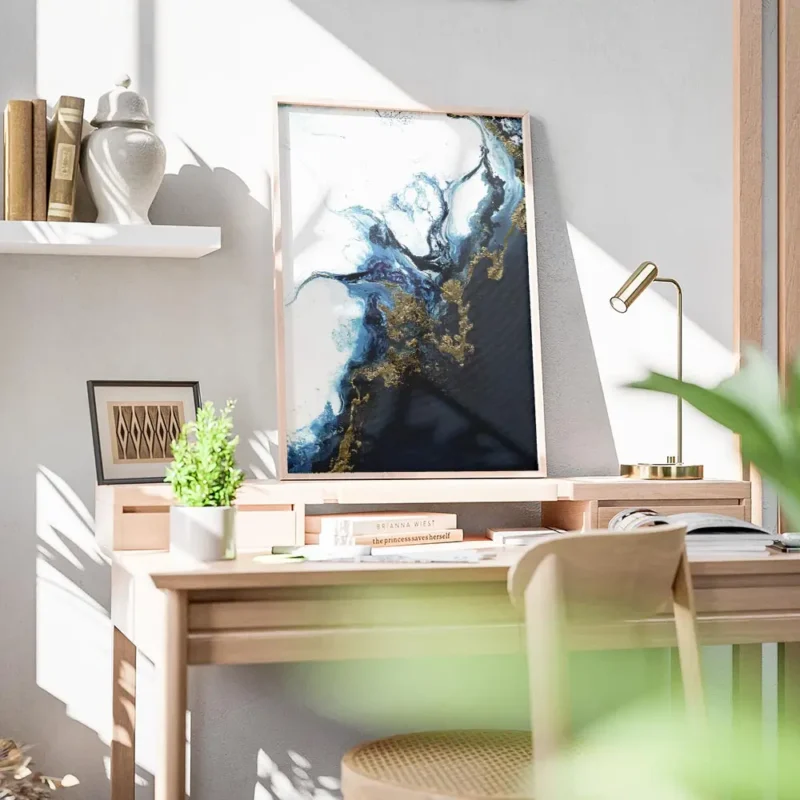 affiche abstraite avec des tourbillons bleus blancs et dores creant une impressi bureau.webp