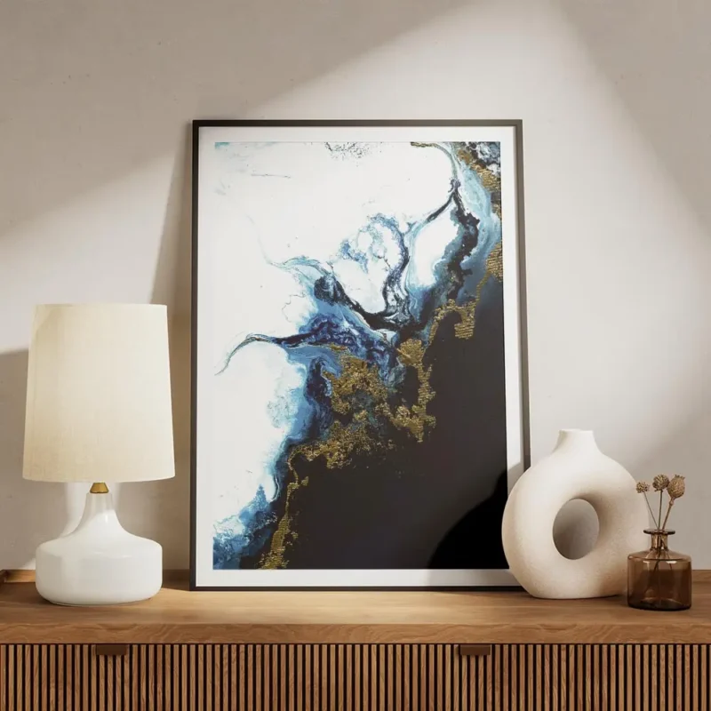 affiche abstraite avec des tourbillons bleus blancs et dores creant une impressi meuble.webp